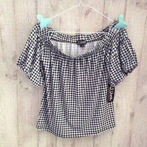 J For Justify Crop Top Shirt Womens L Black White Gingham Trendy Sexy Feminine